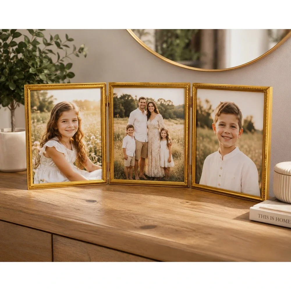 Vintage Triple Folding Picture Frame Gold 8x10 Etched Brass